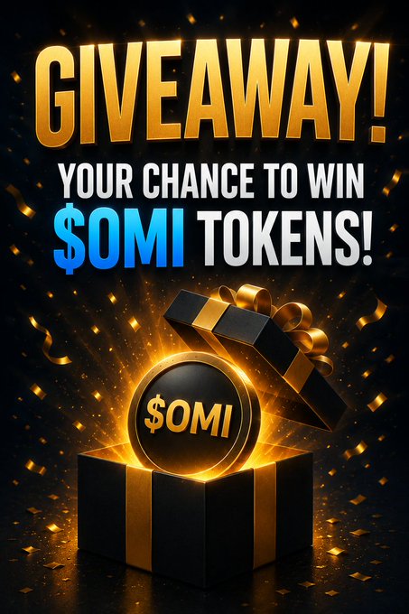 A golden $OMI token bursts out of a glowing gift box with "GIVEAWAY!" and "YOUR CHANCE TO WIN $OMI TOKENS!" in bold text, promoting the ECOMI/$OMI token giveaway contest where followers can win by following @VeVeSales and @P1xelCollector, liking, retweeting, and commenting with their favorite VeVe grail.