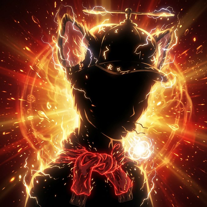 A shadowy silhouette of a horned, winged figure wearing a police-style cap emerges wreathed in crackling orange lightning and flames, with a red bandana around its neck and Japanese kana (カタカナ) visible on the brim of its hat. The image's menacing "cult energy," hellish glow, and the implied "lawless" symbolism of a demonic cop visually embody the post's chaotic, returning "Crecked Cets" cult persona.