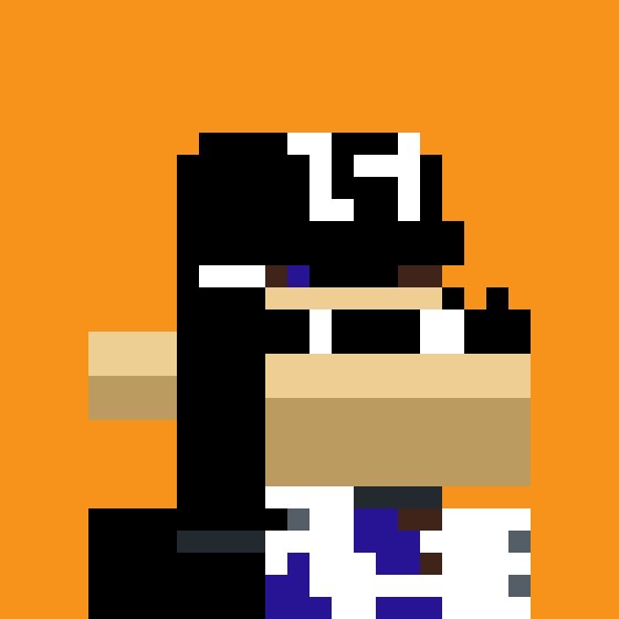 A pixel art image showing a composite of the most common colors from the 10k Nodemonkes NFT collection, set against a solid orange background. The character features a black silhouette with white "12" markings on the head, blue accents, and visible pixelated elements suggesting a basketball and accessories.
