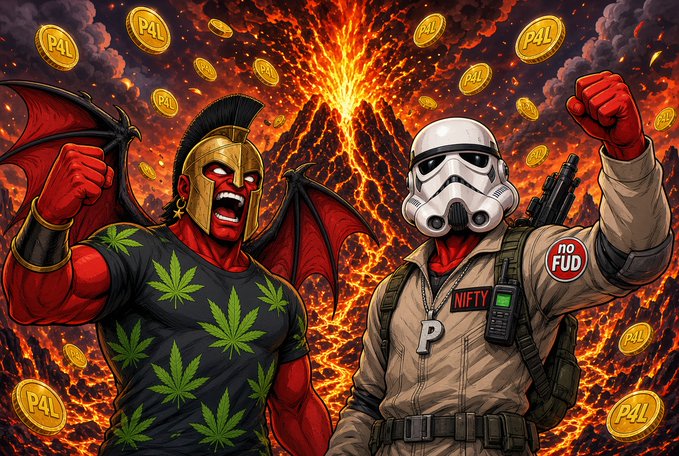 An AI-generated image depicting a red Spartan warrior with bat-like wings wearing a marijuana leaf shirt next to a Stormtrooper with a 'no FUD' badge and 'NIFTY' patch, surrounded by 'P4L' coins and a volcanic eruption.
