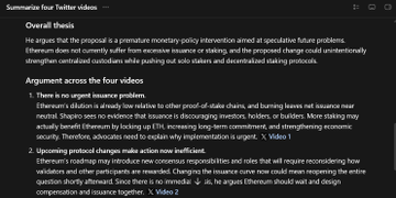 The image shows a Twitter thread by Summarize Four Twitter videos summarizing Ethereum developer Eric Wall's video thread arguing against EIP-1559's proposal to reduce block issuance (tapered burn), with arguments that insurance problems, changing issuance timing, and safeguarding the entire monetary policy from future iterations make the proposal a premature monetary policy intervention.