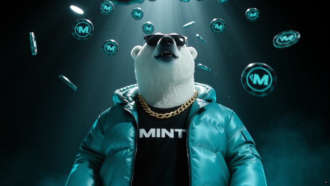 A 3D-rendered white bear mascot wearing sunglasses, a gold chain, and a teal puffer jacket over a 'MINT' shirt, surrounded by floating coins with the M logo.