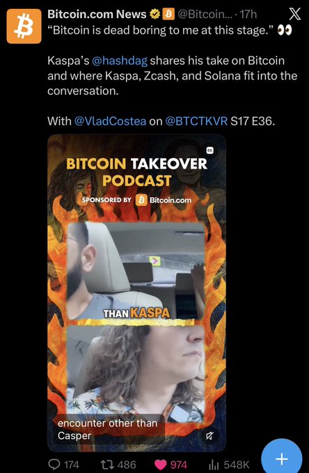 Tweet from Bitcoin.com News (@Bitcoin...) quoting Kaspa's @hashdag about 'Bitcoin is dead boring to me at this stage,' with a preview for 'BITCOIN TAKEOVER PODCAST' featuring Kaspa and discussing Kaspa, Zcash, and Solana.