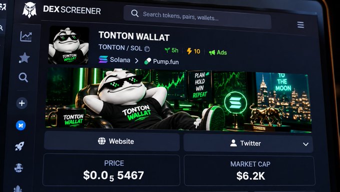 A DEXScreener page shows the Solana token “TONTON WALLET” (TONTON/SOL) at $0.05467 with a $6.2K market cap, alongside Solana and Pump.fun indicators—matching the linked DEXScreener URL in the post.