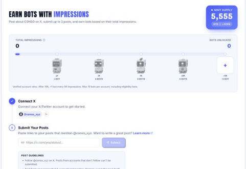 A dashboard interface showing 'EARN BOTS WITH IMPRESSIONS' with '0' total impressions and '0' bots unlocked, featuring a progress bar with bot milestones (1, 5, 10, 15 bots), instructions to connect X/Twitter account and submit posts, and a balance of '5,555' to be earned.