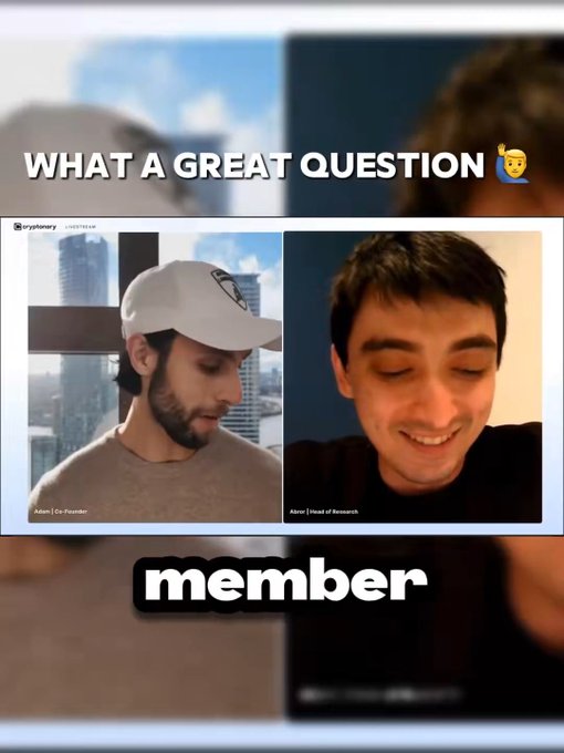 A screenshot from a Cryptophary Livestream interview shows two men on a video call, with text overlays reading 'WHAT A GREAT QUESTION' and 'member'.