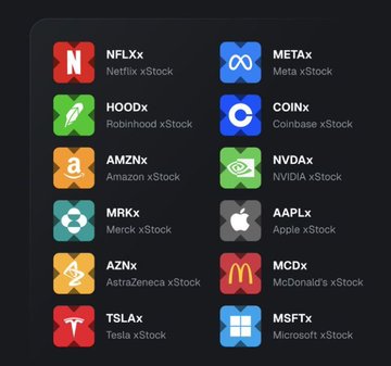 A dark display showing xStock tokens including NFLXx (Netflix xStock), METAx (Meta xStock), HOODx (Robinhood xStock), COINx (Coinbase xStock), AMZNx (Amazon xStock), NVDXx (NVIDIA xStock), MRKx (Merck xStock), AAPLx (Apple xStock), AZNx (AstraZeneca xStock), MCDx (McDonald's xStock), TSLAx (Tesla xStock), and MSFTx (Microsoft xStock).
