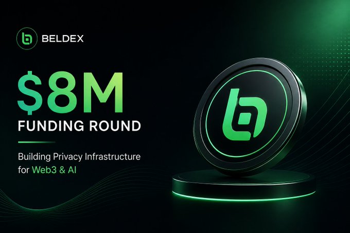 A promotional graphic for 'BELDEX' announcing an '$8M FUNDING ROUND' to build 'Privacy Infrastructure for Web3 & AI', featuring a 3D green logo.