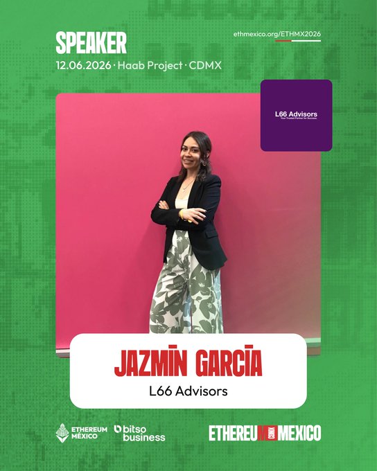 The image features a woman standing against a pink wall with her arms crossed. The text "Speaker" is written above her head, indicating that she is speaking at an event or conference. The image also includes information about Jazmin Garcia, who is a Managing Partner at L66 Advisors and the founder of Nohbek, an auditing firm specializing in blockchain technology.