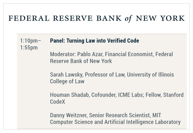 The image shows a presentation slide from the Federal Reserve Bank of New York, which features a list of speakers for an upcoming event at the NY Fed Innovation Conference. The main focus of the presentation is on verifiable code, with a description of its importance in agentic commerce and examples such as the @circle Agent Stack used to verify transactions.