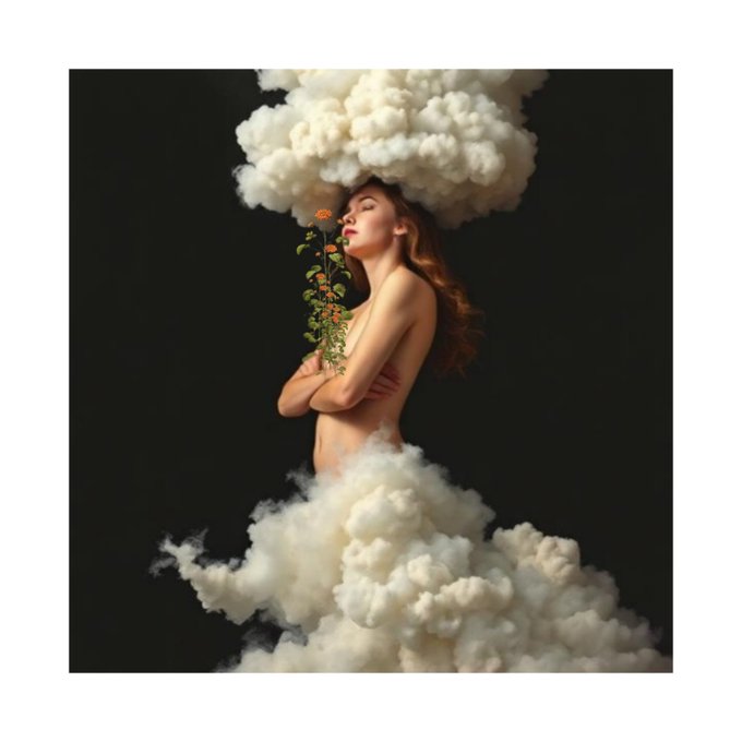 An artistic photograph of a woman with closed eyes holding a flowering plant, framed by white fluffy clouds above and below against a black background.
