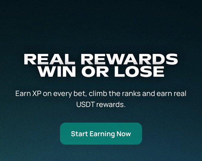 A dark promotional graphic with the text 'REAL REWARDS WIN OR LOSE' and 'Earn XP on every bet, climb the ranks and earn real USDT rewards,' featuring a 'Start Earning Now' button.