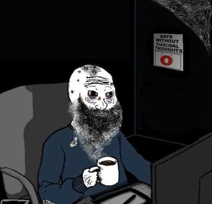A stylized illustration shows a bearded, tattooed man holding a coffee mug next to a computer monitor, with a 'DAYS WITHOUT SUICIDAL THOUGHTS' counter showing a red zero.