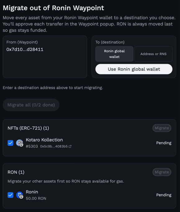 An image of a wallet page for Ronin Stash, showing the main screen along with several buttons. The main screen displays an instruction panel or welcome page that guides users on how to use the wallet app. The instructions indicate the wallet allows users to create a new wallet in seconds and it simplifies onboarding by not requiring a seedphrase. The user interface features multiple buttons for various tasks, including creating an account, logging in, and setting up a transaction for the Ronin Stash. Additionally, the post mentions that Ronin Stash enables users to move their assets across the Bitcoin network.