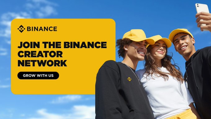 A Binance promotional banner reading 'JOIN THE BINANCE CREATOR NETWORK - GROW WITH US' featuring three young people wearing yellow caps and smiling against a blue sky background.
