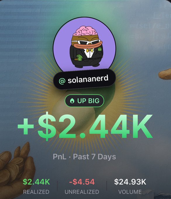 The image shows a trading performance card for user "@solan nerd" displaying a profit of "+$2.44K" in PnL over the past 7 days, with $2.44K realized gains, -$4.54 unrealized, and $24.93K trading volume on the "UP BIG" platform. The post ties into this achievement by encouraging the trader to keep pushing toward the top of a $50K trading competition, building on their recent winning streak.
