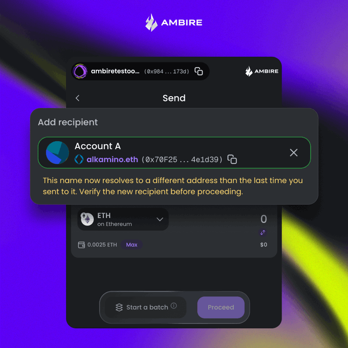 The image shows an Ambire Wallet "Send" transaction screen with a security warning that the ENS name "alkamino.eth" now resolves to a different address (0x70F25...4e1d39) than previously, prompting the user to verify the new recipient before proceeding. This illustrates the wallet's new safety feature that alerts users to potential address changes on ENS names, helping prevent accidental fund loss to hijacked or transferred domains.