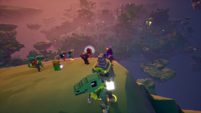 A screenshot from the video game LEGO Fortnite showing blocky character avatars on a floating island, exploring a surreal landscape with floating platforms and a pinkish sky.