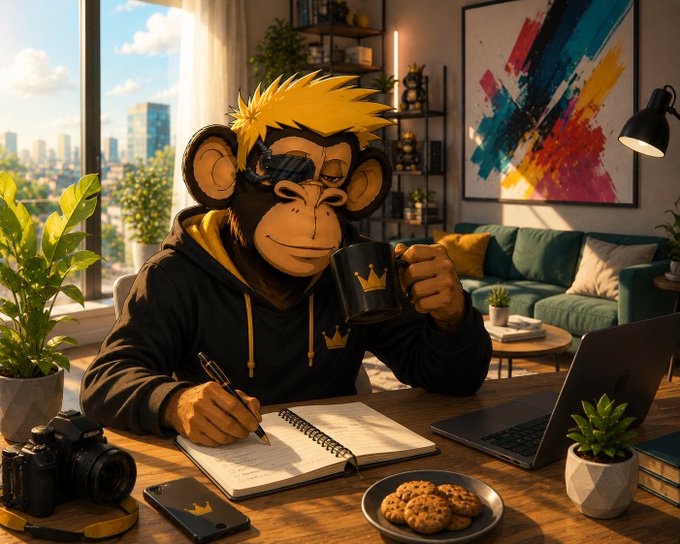 A stylized illustration of a monkey character with yellow hair wearing sunglasses and a black hoodie, sitting at a desk writing in a notebook with a coffee mug, laptop, and camera nearby.