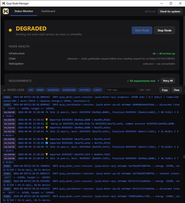 A screenshot of the "Quai Node Manager" interface showing a "DEGRADED" status with "Chain" health as "unknown — chain_getHeader request failed", along with various node logs including validator and miner activity.