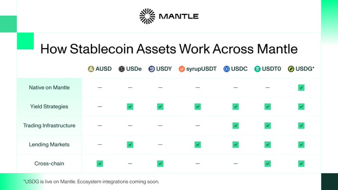 An informational chart titled 'How Stablecoin Assets Work Across Mantle' comparing features like yield strategies, trading infrastructure, lending markets, and cross-chain support across AUSD, USDe, USDY, syrupUSDT, USDC, USDT0, and USDG*.