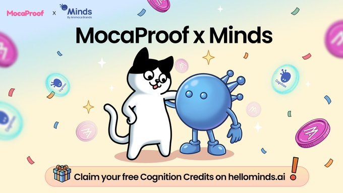 The image features a cartoon cat and a blue robot standing next to each other against a light beige background with lots of confetti around them, suggesting that they are at an event or celebration. The text "MocaProof x Minds" is written in white above the cat and robot, indicating that this is related to a gaming event or promotion for MocaProof.