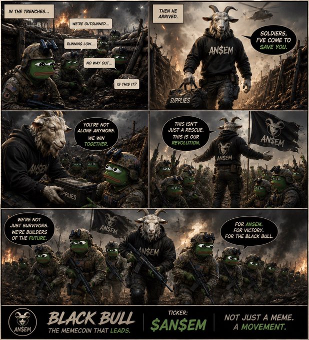 This comic-style meme features a goat-headed savior character delivering supplies to soldiers in a trench, symbolizing the arrival of "$ANSEM" to provide hope and "conviction" to a struggling community. The image uses dramatic war imagery to frame the cryptocurrency ticker $ANSEM as a revolutionary force that transforms "survivors" into "builders of the future."