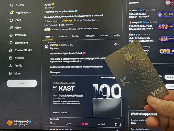 The image shows a person holding up a credit card, which has been awarded the Best Digital Assets Fintech recognition by KAST. The text in the image highlights the significance of this achievement, stating " Huge congratulations to KAST for being awarded Best Digital Assets Fintech Why This Matters The significance of this achievement goes beyond the award itself". The post seems to be promoting a digital currency or credit card, and it is likely that the person holding up the card is sharing their excitement about the recognition with others.