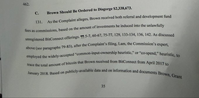 A page from a legal document discussing court proceedings, stating "C. Brown Should Be Ordered to Disgorge $2,338,673" regarding referral fees from unregistered BitConnect offerings between April 2017 and January 2018.