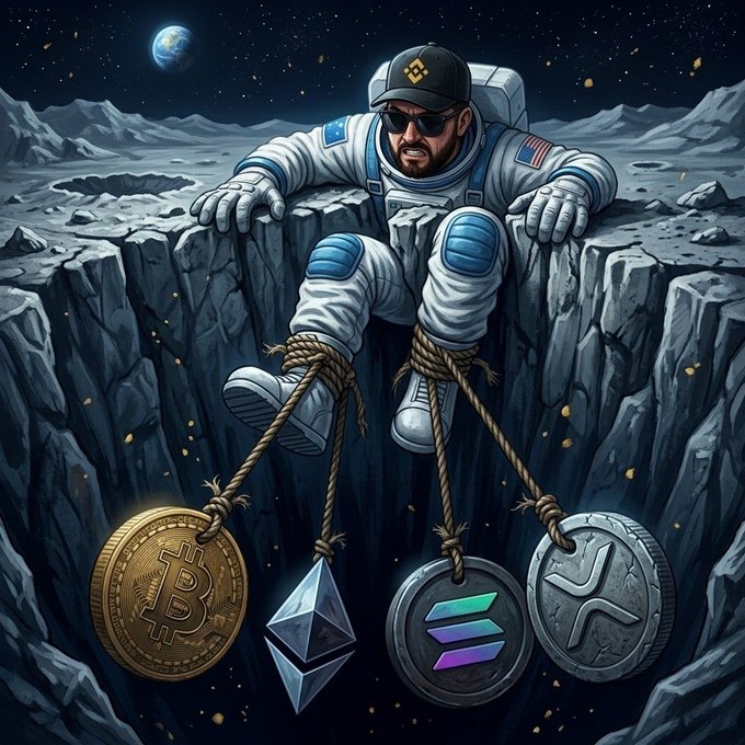 The image features a man dressed as an astronaut, sitting on top of a cliff with four different types of coins attached to his feet. The coins include Bitcoin, Etherium, Ripple, and Litecoin. The caption below the illustration reads "Focus on what is in the image and how it relates to the post".
