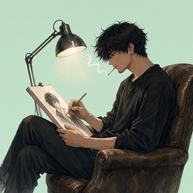 An illustration depicts a dark-haired man in a black shirt sitting in a brown leather armchair, smoking a cigarette while sketching on a pad illuminated by a desk lamp.