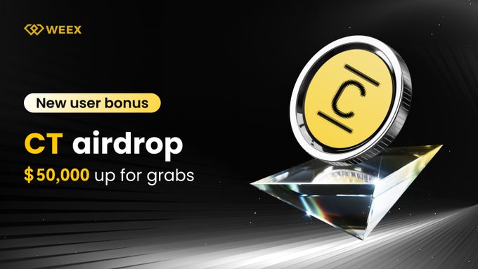 The promotional banner from WEEX announces a new user bonus CT airdrop offering $50,000 in prizes, featuring a golden "CT" token displayed on a crystalline pedestal. The design aligns with the campaign message to encourage trading activity for a chance to earn rewards between September 30 and October 7, 2026.