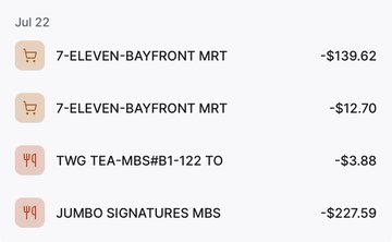 A digital transaction summary from July 22 shows four purchases made via Backpack, including $139.62 at 7-Eleven Bayfront MRT, $12.70 at 7-Eleven Bayfront MRT, $3.88 at TWG Tea MBS #B1-122, and $227.59 at Jumbo Signatures MBS. The receipt illustrates how the app conveniently consolidates everyday spending across various merchants in a single view.