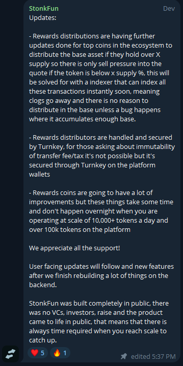 A Telegram message from 'StonkFun Updates' detailing updates about rewards distributions, indexer fixes, and token scaling.
