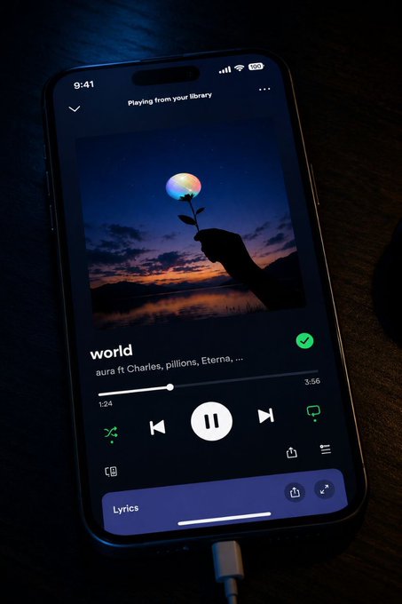 A smartphone displays a Spotify screen playing "world" by aura ft. Charles, pillions, Eterna, paused at 1:24 of 3:56. The image of someone reaching for a glowing orb at sunset visually echoes the post's theme of taking the first step into the unknown to build a new era of digital connection through $WORLD.