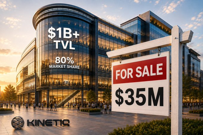 The image shows a large, bustling glass shopping mall with text overlays reading "$1B+ TVL" and "80% MARKET SHARE," alongside a prominent "FOR SALE $35M" sign and the Kinetiq logo. This visually reinforces the post's message that Kinetiq, despite its substantial Total Value Locked and dominant market share, is undervalued with a market cap comparable to a "small corner shop."