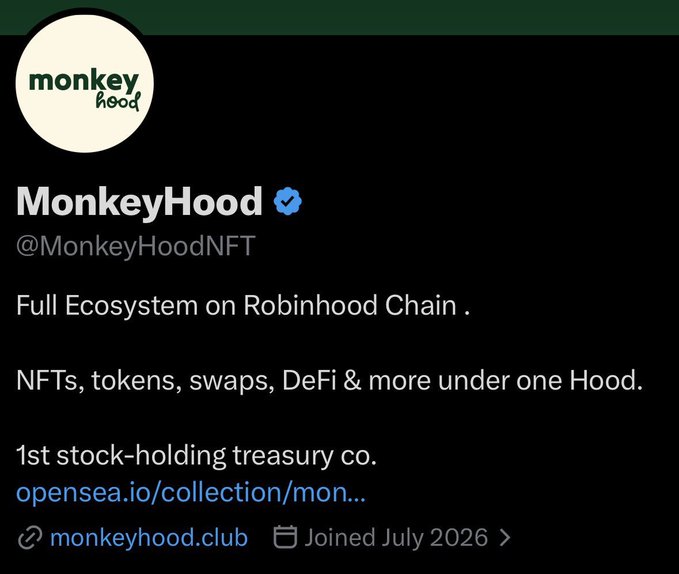 A Twitter profile for 'MonkeyHood' (@MonkeyHoodNFT) advertising a 'Full Ecosystem on Robinhood Chain' with NFTs, tokens, swaps, DeFi & more.