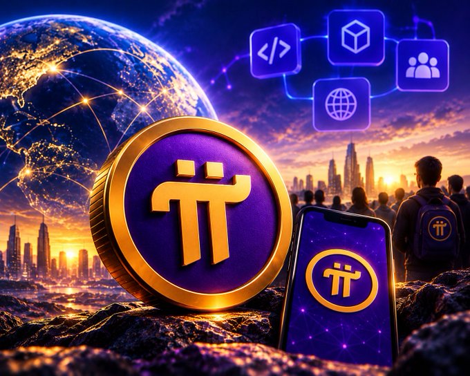 A vibrant digital artwork showing a large purple Pi Network (π) coin next to a smartphone displaying the same logo, set against a glowing Earth and futuristic city skyline.