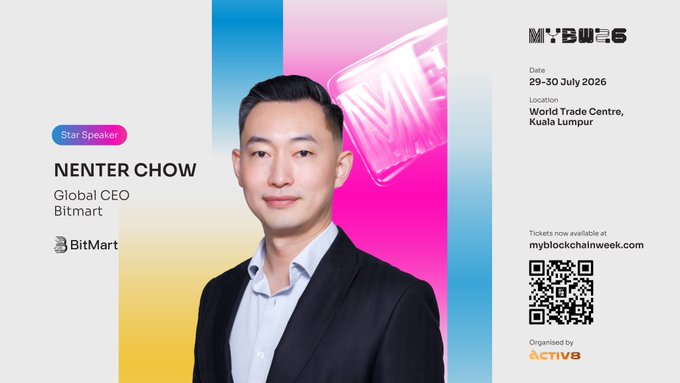 A promotional graphic featuring 'NENTER CHOW, Global CEO, BitMart' as a 'Star Speaker' for MY'BLOCKW6 at World Trade Centre, Kuala Lumpur, 29-30 July 2026.