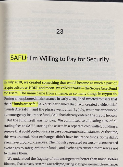 A page from a book titled chapter 23 "SAFU: I'm Willing to Pay for Security," with highlighted text explaining how Binance created the Secure Asset Fund for Users in July 2018 as an emergency insurance fund.