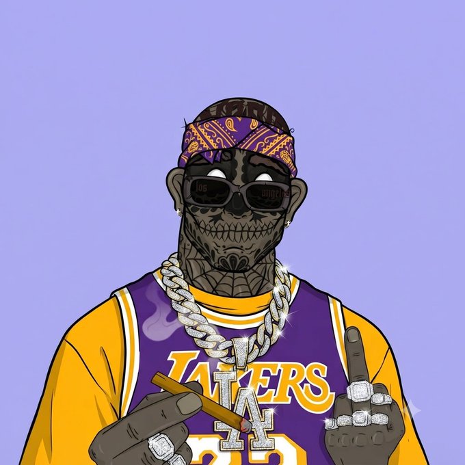 A stylized cartoon illustration of a tattooed, skeleton-faced character wearing sunglasses, a purple bandana, a Lakers jersey, diamond chains, and holding a cigar and middle finger.