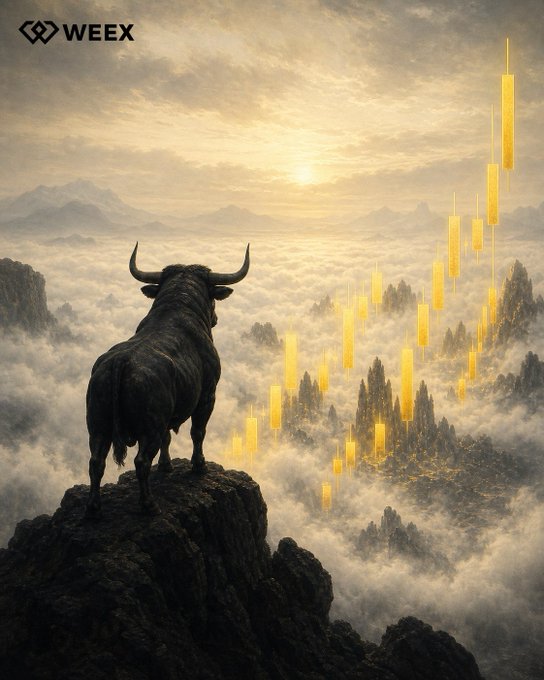 A majestic bull stands atop a misty mountain peak gazing toward a sunrise, with golden candlestick chart bars rising in the sky to symbolize surging market gains. The "WEEX" logo appears in the top left, reinforcing the post's "Bull market?" theme of optimistic upward momentum.