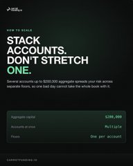 A dark-themed mobile interface warning 'STACK ACCOUNTS. DON'T STRETCH ONE.' stating that stacking up to $100,000 spreads risk across separate floors, with an aggregated capital of $298,000 displayed.