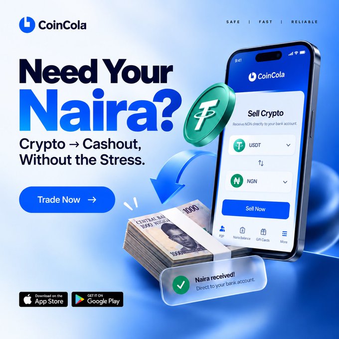 CoinCola advertisement reading 'Need Your Naira? Crypto → Cashout, Without the Stress.' showing a smartphone displaying the app's 'Sell Crypto' interface converting USDT to NGN, alongside a stack of Nigerian 1000 Naira bills.