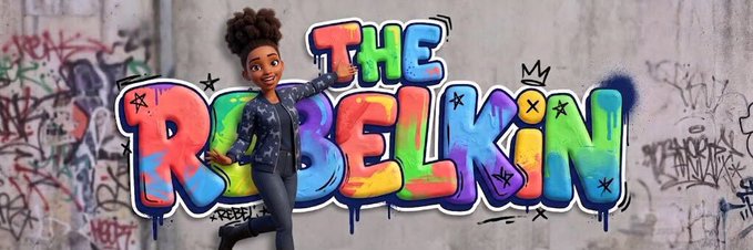 A colorful graffiti-style logo for 'THE REBELKIN' featuring an animated girl posing next to vibrant, dripping bubble letters against a street wall background.