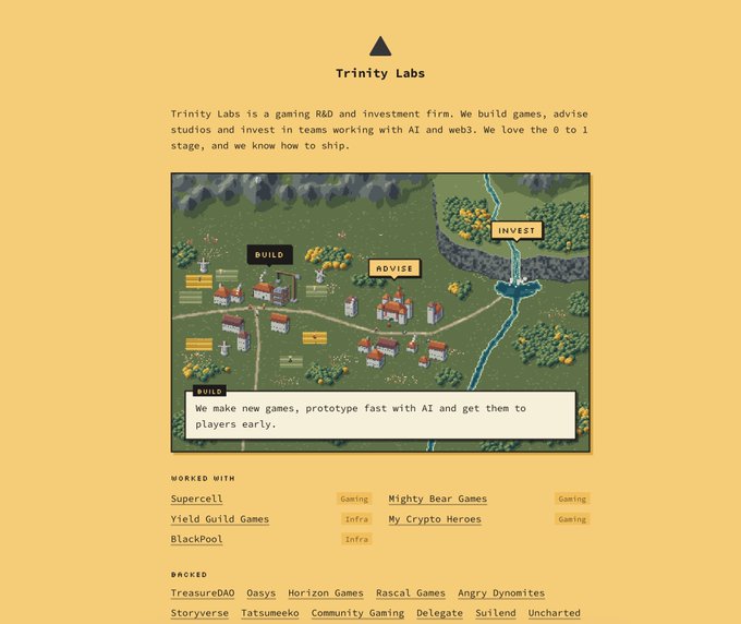 A webpage for 'Trinity Labs,' described as 'a gaming R&D and investment firm' that builds games, advises studios, and invests in teams working with AI and web3. The page features a retro game-style map with zones 'BUILD' and 'INVEST,' and lists companies they've worked with (Supercell, Yield Guild Games, BlackPool, Mighty Bear Games, My Crypto Heroes) and backed (TreasureDAO, Oasys, Horizon Games, Storyverse, Tatsumeeko, Community Gaming, Delegate, Suitend, Uncharted, Rascal Games, Angry Dynomites).