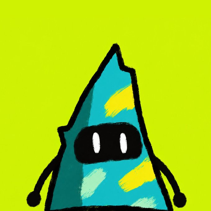 A whimsical teal triangular doodle character with a black visor-like face and yellow paint strokes stands against a bright neon green background. The playful artwork complements the announcement of a public mint launching for a collection of 5,555 doodle NFTs on OpenSea, serving as the visual face of the minting event.