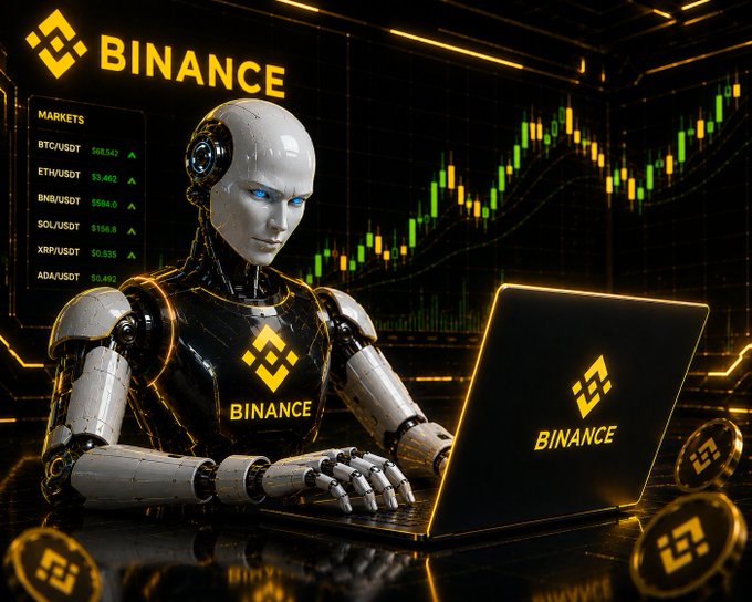 A futuristic AI-powered robot displaying the Binance logo trades on a laptop amid candlestick charts, with a market ticker showing pairs like BTC/USDT ($68,542), ETH/USDT ($3,462), and BNB/USDT ($584.0). The image visually represents Binance's new Agent OS, which enables AI agents like ChatGPT and Claude to execute spot and futures trades on user accounts.