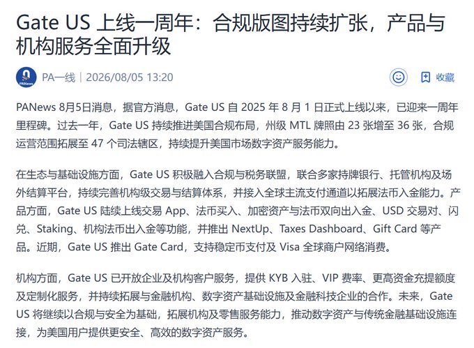 A Chinese news article titled 'Gate US 上线一周年：合规版图持续扩张，产品与机构服务全面升级' dated 2026/08/05, discussing Gate US's one-year anniversary and expansion.