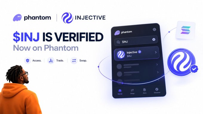A 'Phantom | Injective' promotional banner stating '$INJ IS VERIFIED Now on Phantom' with icons for Access, Trade, and Swap, showing the wallet interface.
